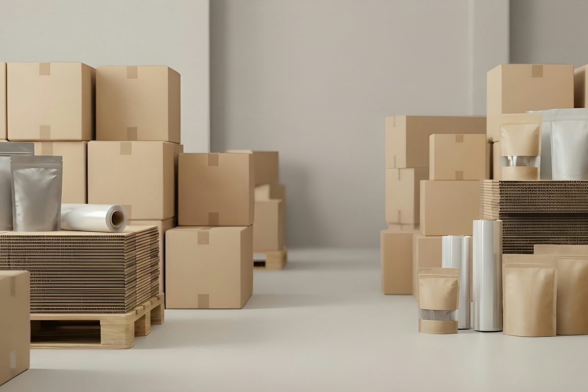 Warehouse shelves with packed e-commerce orders ready for dispatch